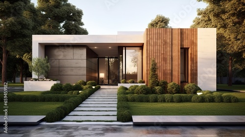 Modern small minimalist cubic house with wooden terrace and landscaping design front yard