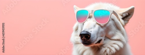 White wolf in sunglass shade on a solid uniform background, editorial advertisement, commercial. Creative animal concept. With copy space for your advertisement