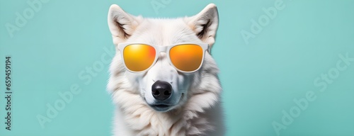 White wolf in sunglass shade on a solid uniform background  editorial advertisement  commercial. Creative animal concept. With copy space for your advertisement