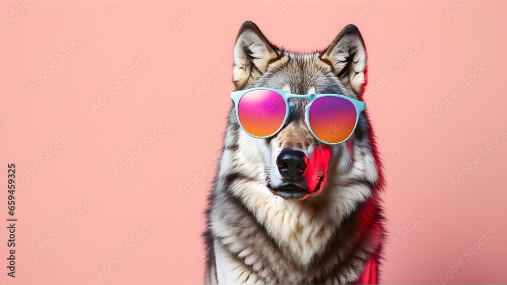 Wolf in sunglass shade on a solid uniform background, editorial advertisement, commercial. Creative animal concept. With copy space for your advertisement
