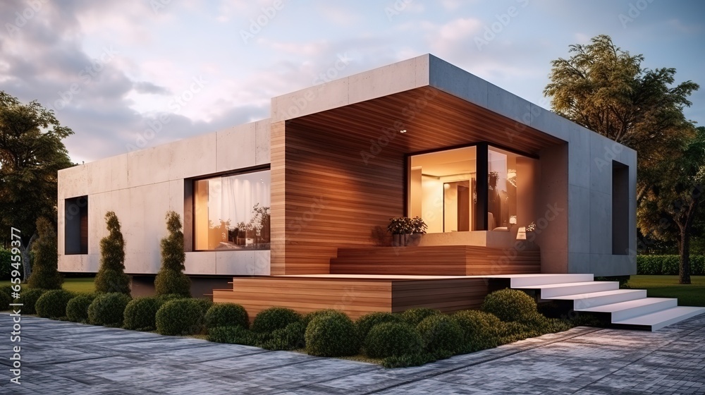 Modern small minimalist cubic house with wooden terrace and landscaping design front yard Modern small minimalist cubic house with wooden terrace and landscaping design front yard
