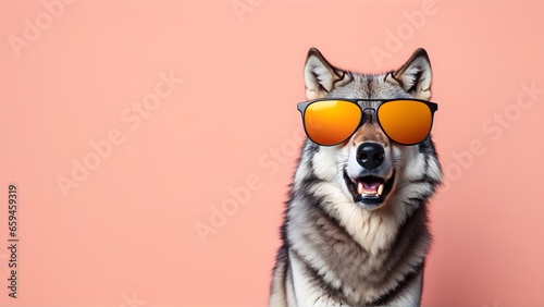 Wolf in sunglass shade on a solid uniform background  editorial advertisement  commercial. Creative animal concept. With copy space for your advertisement
