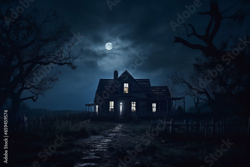 Haunted house in darkness, spooky, dramatic atmosphere
