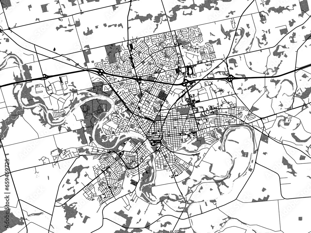 Greyscale vector city map of Brantford Ontario in Canada with with water, fields and parks, and roads on a white background. Greyscale vector city map of Brantford Ontario in Canada with with water, fields and parks, and roads on a white background.