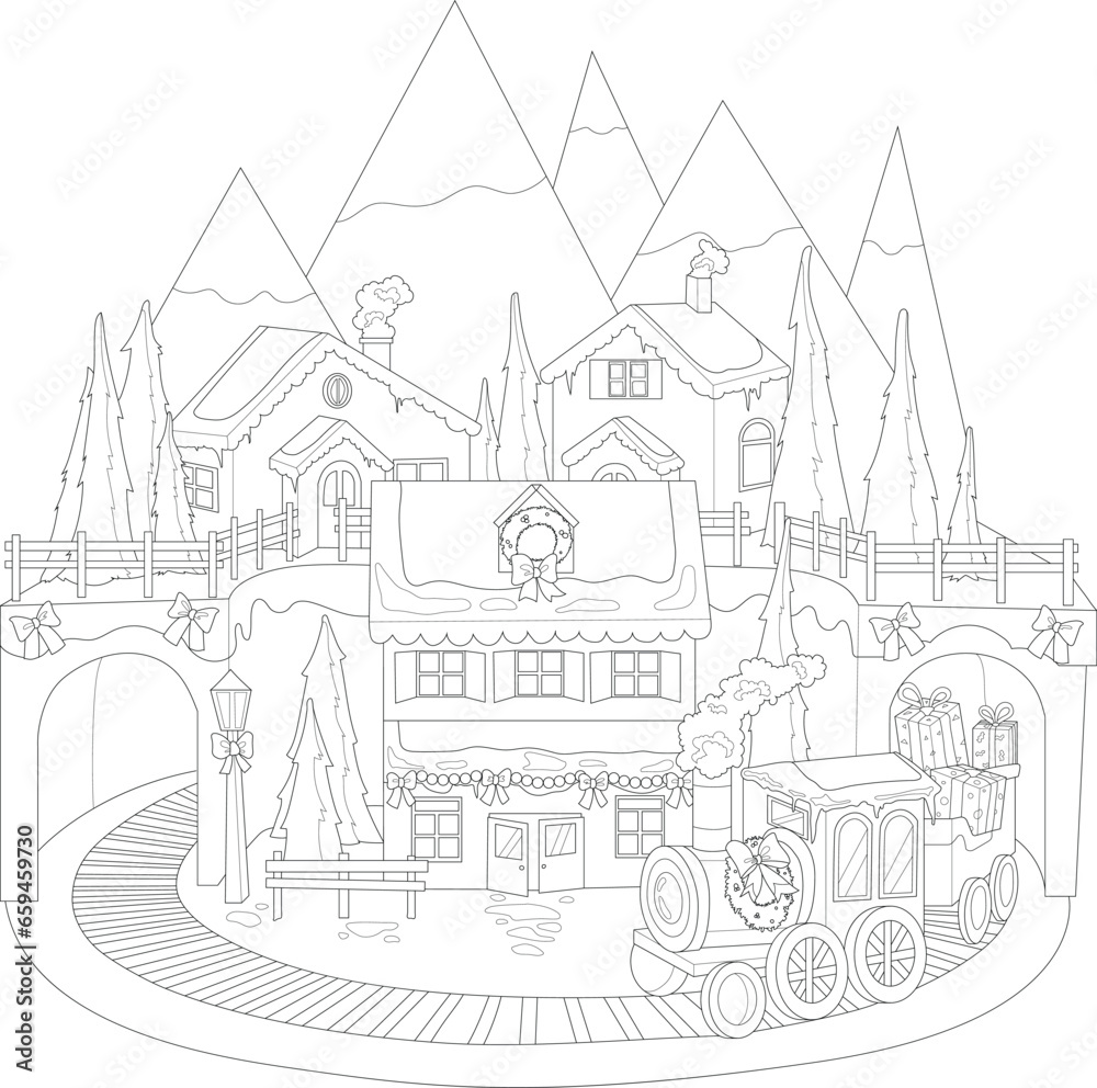 Cartoon Christmas village in snow with decorations and train with presents sketch template. Winter vector illustration of houses in black and white for games. Coloring paper, page, story book, print