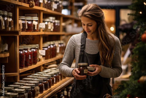 A woman stands amidst shelves lined with jars of homemade jams and preserves, diligently labeling each one with care for her holiday gift baskets. 