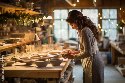 A woman stands in a pottery studio  carefully glazing and firing a set of handcrafted mugs  each unique and destined for a cozy Christmas morning. 