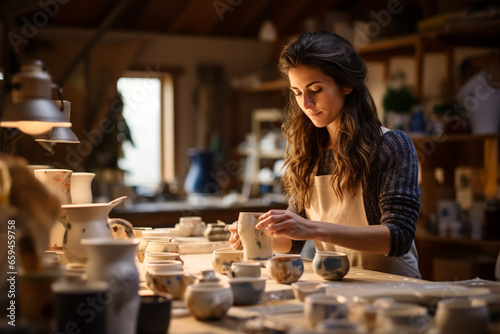 A woman stands in a pottery studio, carefully glazing and firing a set of handcrafted mugs, each unique and destined for a cozy Christmas morning.  photo