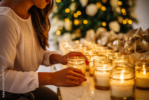 In a room filled with the soft glow of holiday candles, a woman hand-pours scented soy candles into elegant glass jars for her Christmas gift collection.