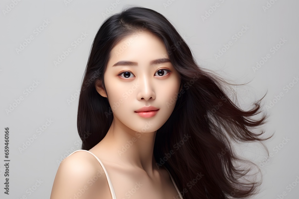 Beautiful young asian woman with clean fresh skin on white background. Beauty skin care.