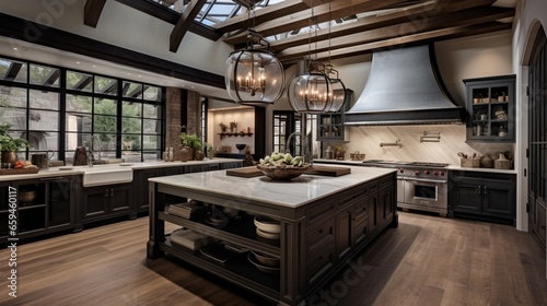 A chef's dream kitchen featuring a central prep island and multiple cooking stations. © ZUBI CREATIONS