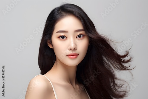 Beautiful young asian woman with clean fresh skin on white background. Beauty skin care.