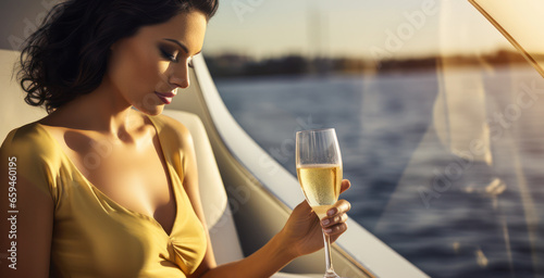 A glamorous lifestyle image of a person enjoying champagne on a yacht or in a high-end penthouse, signifying luxury and indulgence. Generative AI