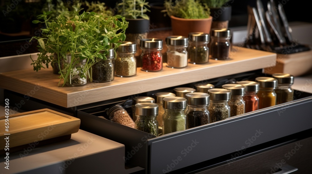 A chef's kitchen with a personalized spice organization system and an integrated herb garden.