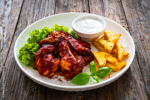 Buffalo wings with ranch dressing and French fries on wooden table 