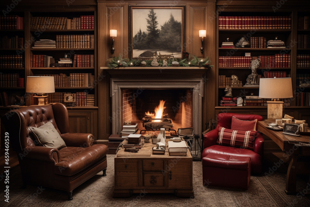 In a cozy study adorned with leather armchairs and bookshelves, a man carefully selects a collection of rare books to be wrapped and gifted during the holiday season. 