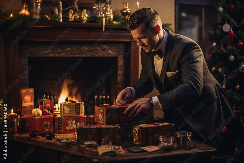 A man stands by a roaring fireplace, skillfully arranging bottles of aged whiskey into an ornate wooden box, ready to surprise a whiskey connoisseur on Christmas morning. A man stands by a roaring fireplace, skillfully arranging bottles of aged whiskey into an ornate wooden box, ready to surprise a whiskey connoisseur on Christmas morning.