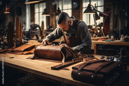 A man sits at a leatherworking bench, crafting a bespoke messenger bag with intricate stitching and details, destined to be a stylish and functional gift. 