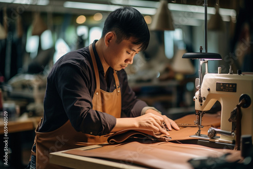 A man sits at a leatherworking bench, crafting a bespoke messenger bag with intricate stitching and details, destined to be a stylish and functional gift.  photo