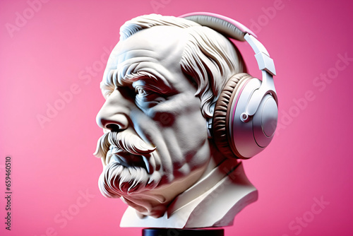Gipskopf Bismarcks mit weißen Kopfhörern, pinkem Hintergrund, digitale Kunst photo