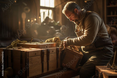 In a workshop bathed in soft, golden light, a man meticulously wraps a set of artisanal tools, placing them into a sturdy wooden toolbox for a special Christmas gift.  © Maksym