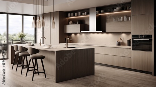 A contemporary kitchen design incorporating neutral tones and textured elements.