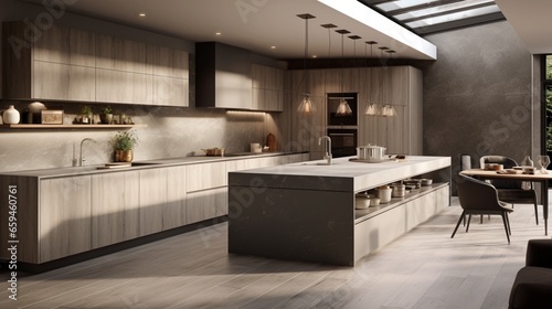 A contemporary kitchen design incorporating neutral tones and textured elements.