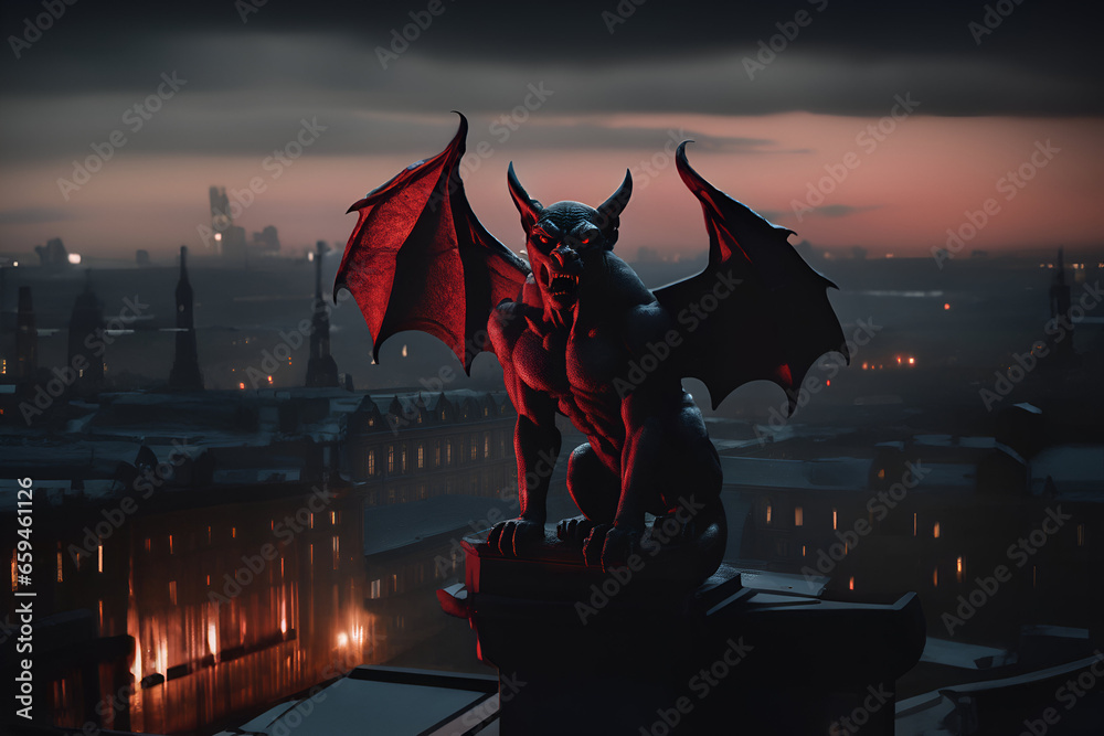 Gargoyle standing on top of a building. Its eyes are red and a red light shines on it. - Generative AI - obrazy, fototapety, plakaty 