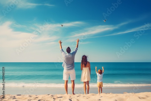 Happy family on the beach. Summer vacation travel.