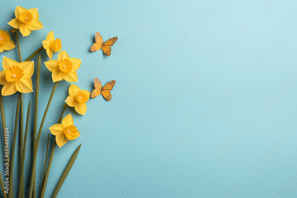 Minimal light blue spring background with daffodils - obrazy, fototapety, plakaty 