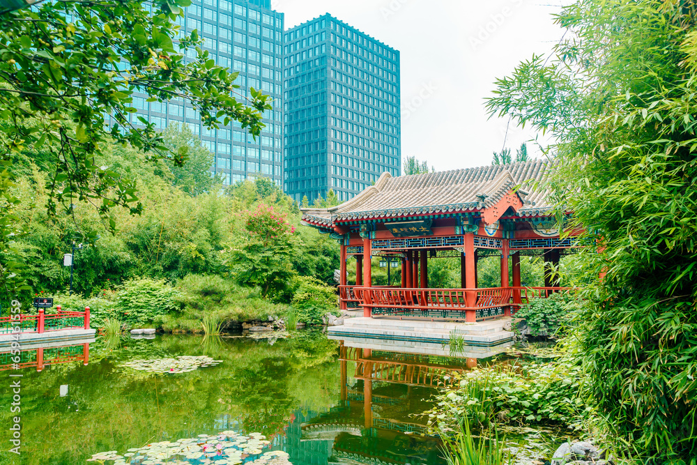 Ancient buildings and garden scenery in Yuetan Park, Beijing in summer Ancient buildings and garden scenery in Yuetan Park, Beijing in summer