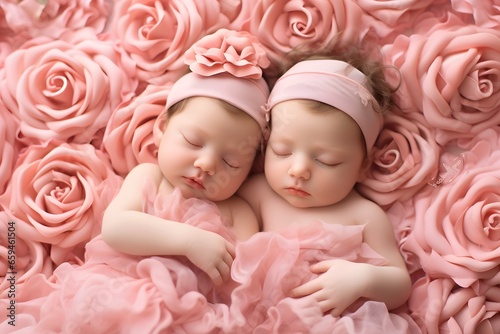 Twin newborn baby girls sleeping on pink rose fabric background.