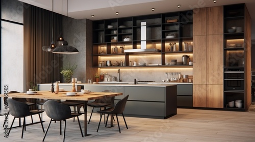 A designer kitchen with a harmonious blend of open shelving and closed cabinets.