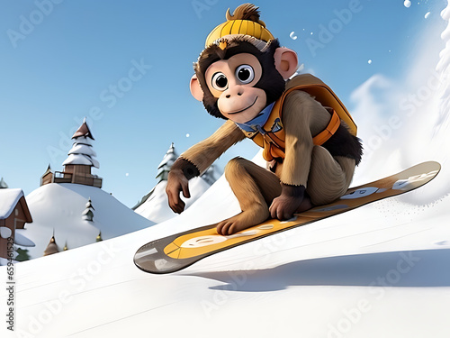 Monkey Snowboarding mascot © DavoeAnimation