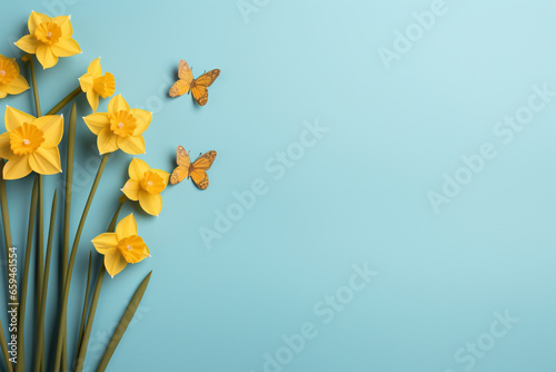 Minimal light blue spring background with daffodils photo