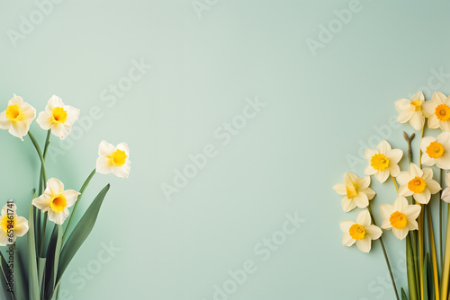 Minimal light green spring background with daffodils