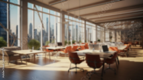 Blurred open space office interior background. Modern empty workspace design without partitions.