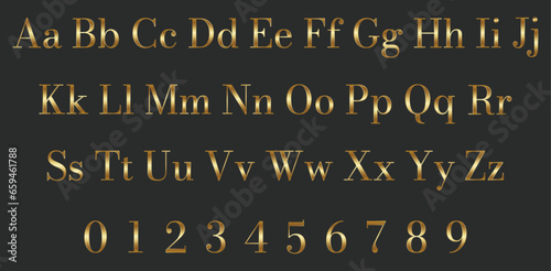 Set of gold metallic colored gradient letters and numbers. Versatile understated royal gold. Vector illustration.