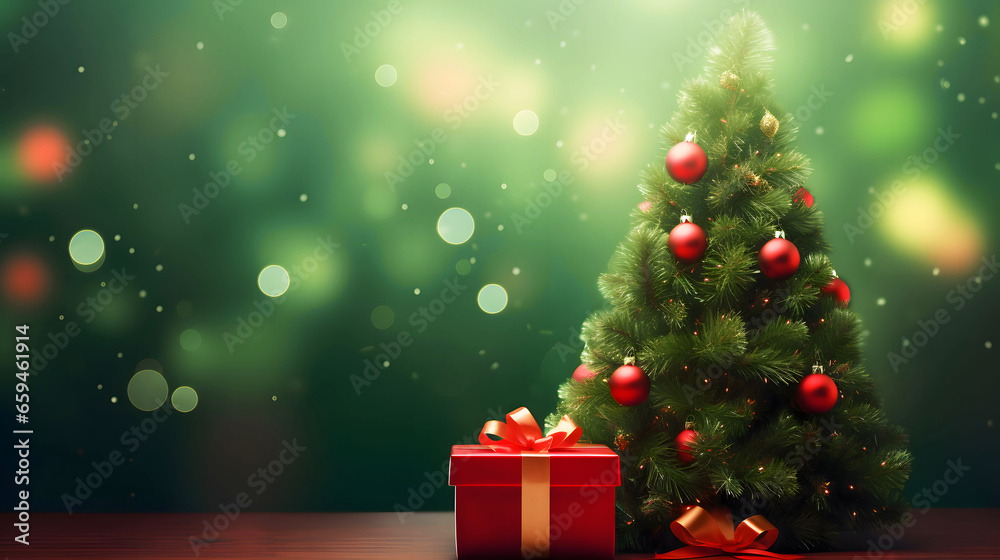 Christmas and Happy New Year background. Green Christmas tree, blurred bokeh with star and box of gift. Xmas Decorations, Generative AI Technology