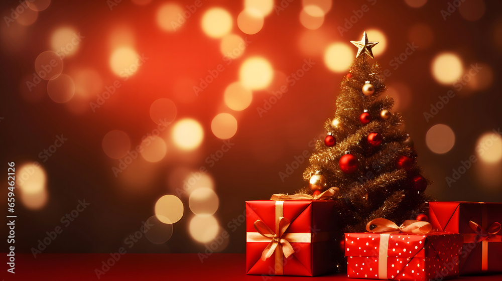 Christmas and Happy New Year background. Christmas tree, blurred bokeh with star and box of gift. Xmas Decorations, Generative AI Technology