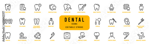 Dental icons editable stroke pictogram elements set. Outline icons collection. Vector illustration. Editable stroke