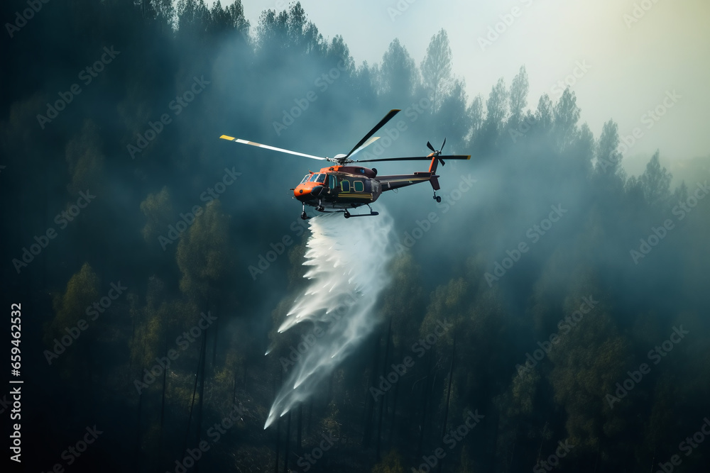 Naklejka premium Fire fighting helicopter leaves water to the forest