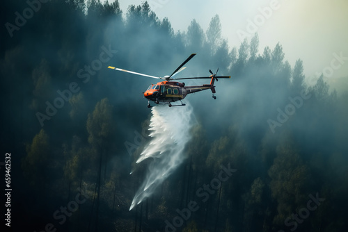 Fire fighting helicopter leaves water to the forest