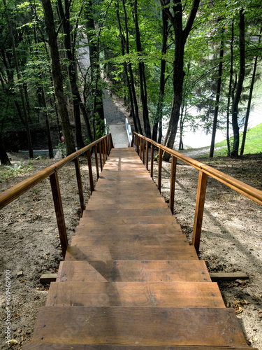 Wooden stairs in the park. Top view