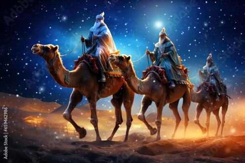 Obraz na płótnie The Three Wise Men carry gifts through the desert guided by the stars
