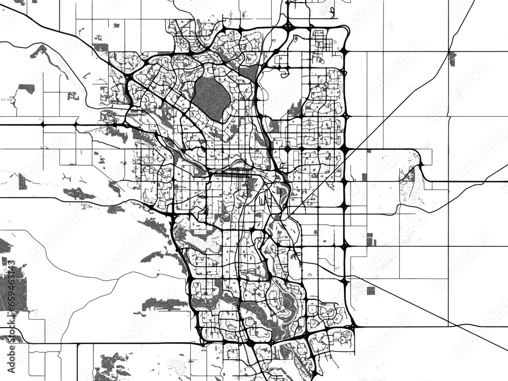 Fototapeta premium Greyscale vector city map of Calgary Alberta in Canada with with water, fields and parks, and roads on a white background.