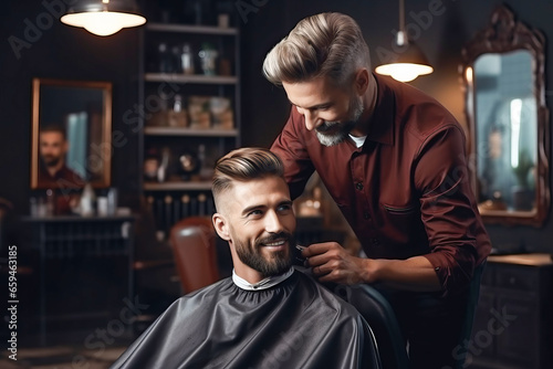 Male hairdresser cuts customer's beard in barbershop