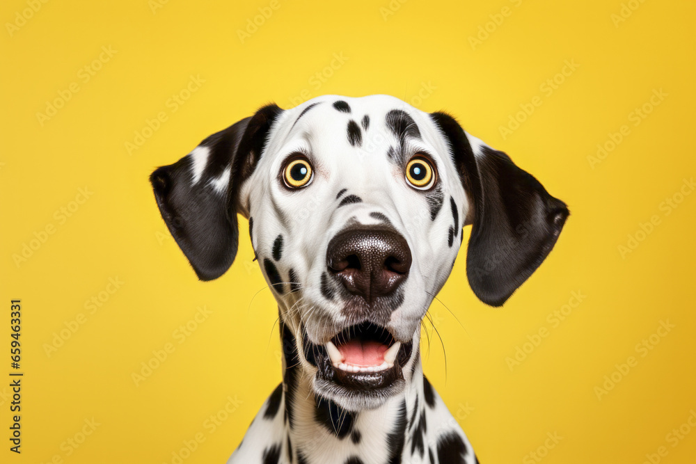 Portrait of spotted Dalmatian dog with funny surprised expression on its face on yellow background