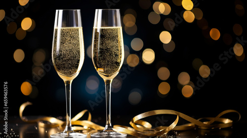 Two glasses of sparkling wine on table, golden confetti, bokeh lights on background, midnight party atmosphere