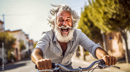Laughing gray-haired senior on bicycle on street photo